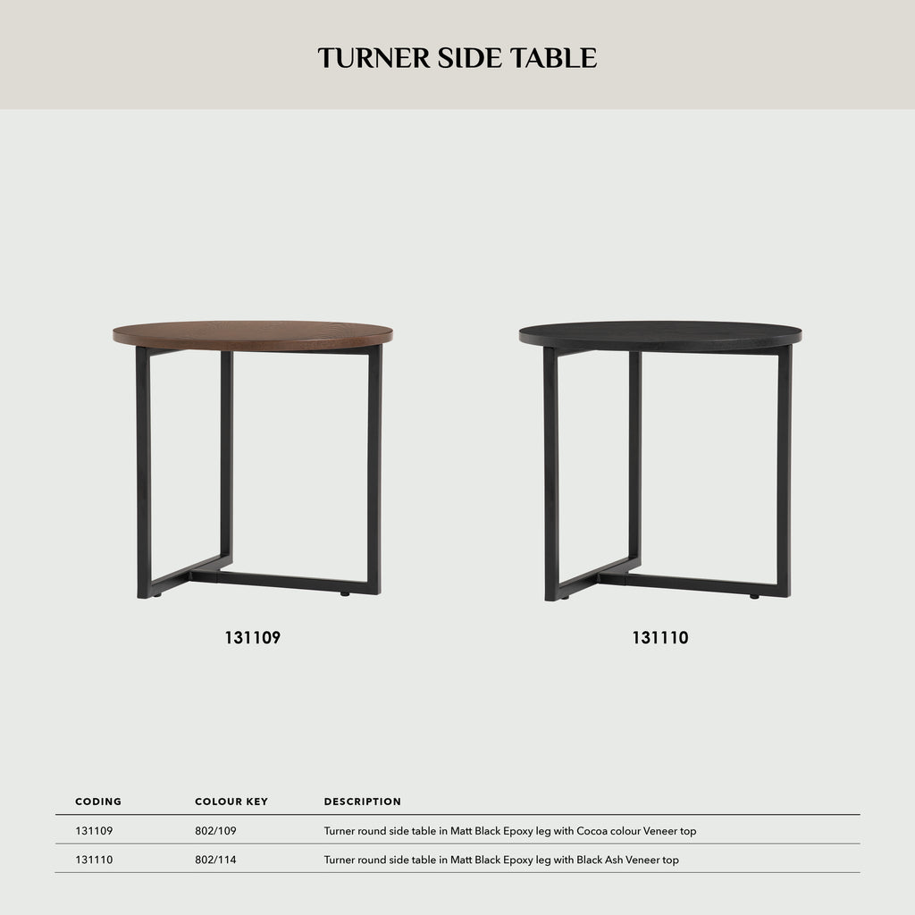 Turner Round Side Table in Matt Black Epoxy leg with Cocoa colour Veneer Top.