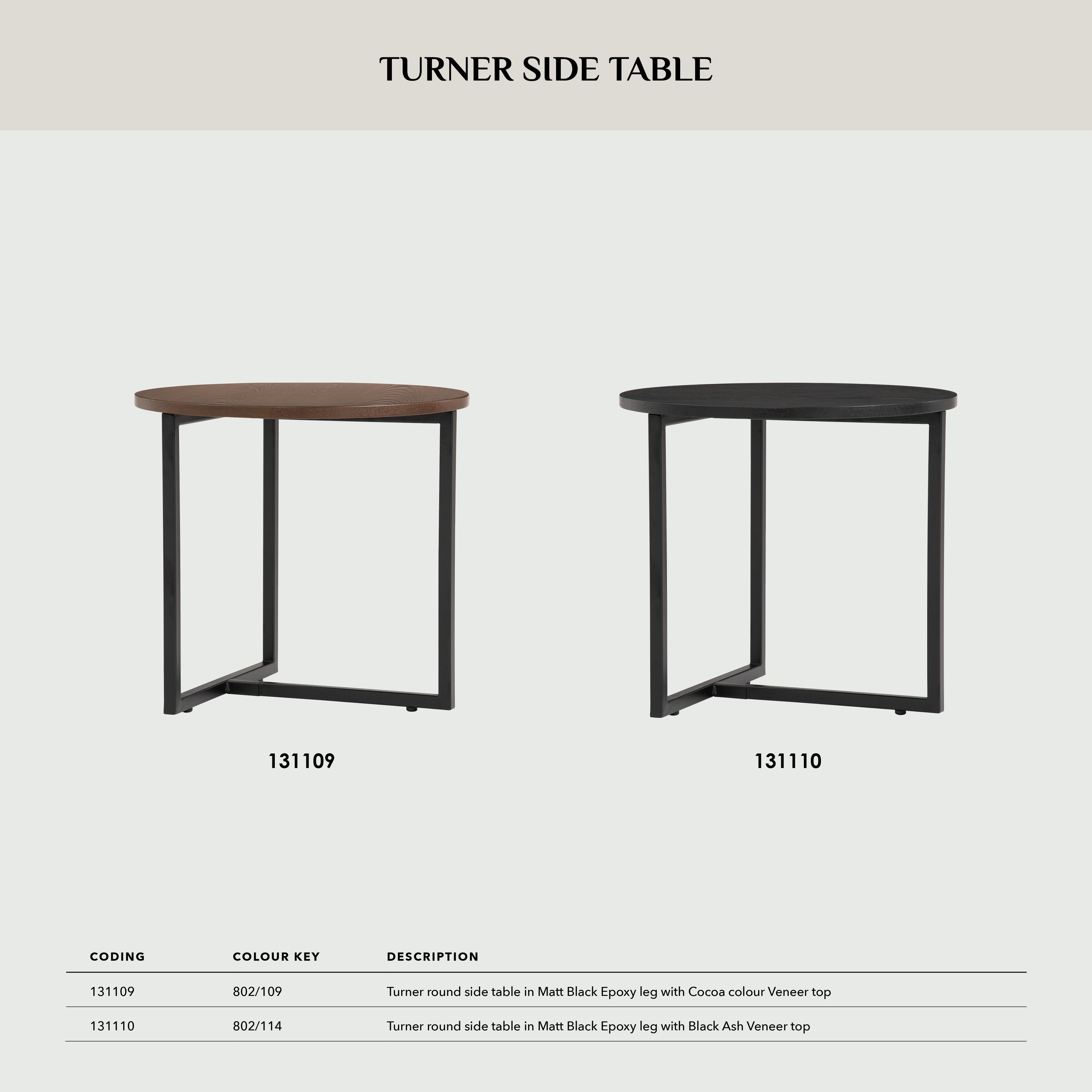 Turner Round Side Table in Matt Black Epoxy leg with Cocoa colour Veneer Top.