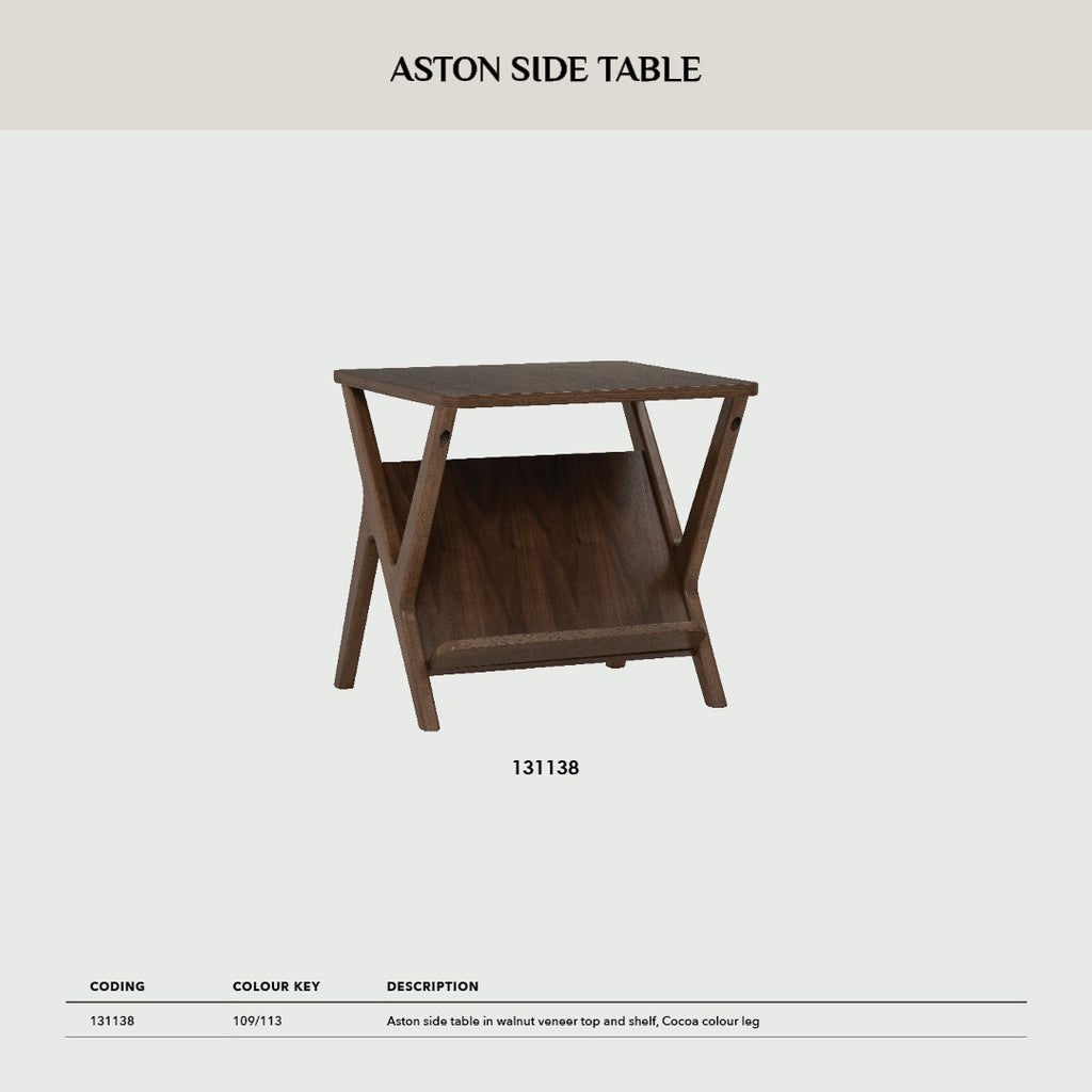 Aston side table in Walnut veneer top and shelf, Cocoa colour leg.