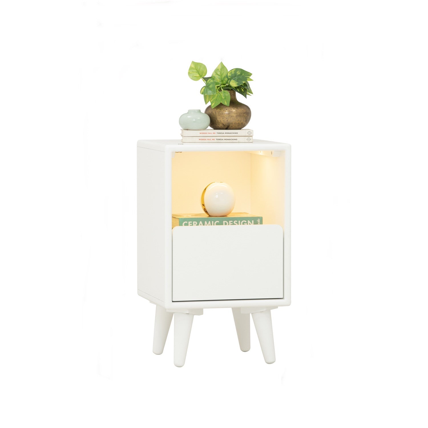 Yara bedside table with 1 drawer LED light in White colour
